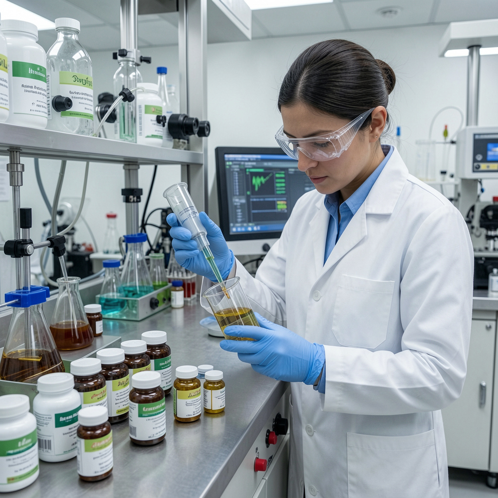Quality control scientist analyzing supplement samples in state-of-the-art laboratory